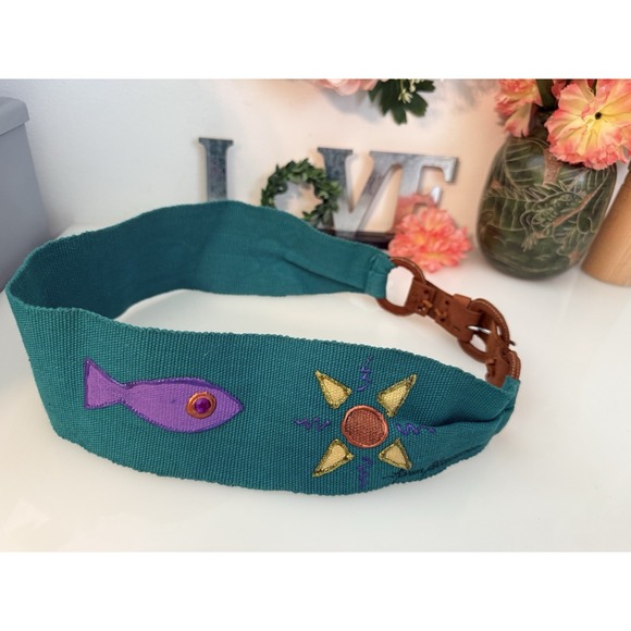 Accessories - 80s Hand Painted 3"‎ Waist Belt Teal Fish Multi Handmade Leather Buckle M/L 30"